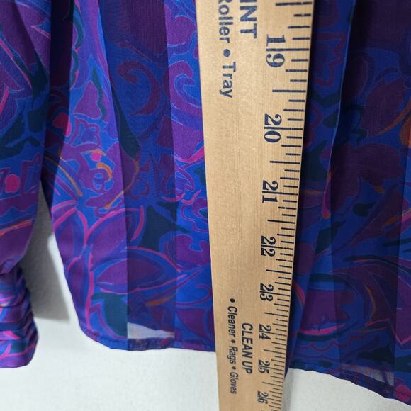 VTG Stuart Lang Blouse Sz 14 Purple Geo Print High Neck Long Sleeve Secretary - Picture 14 of 16